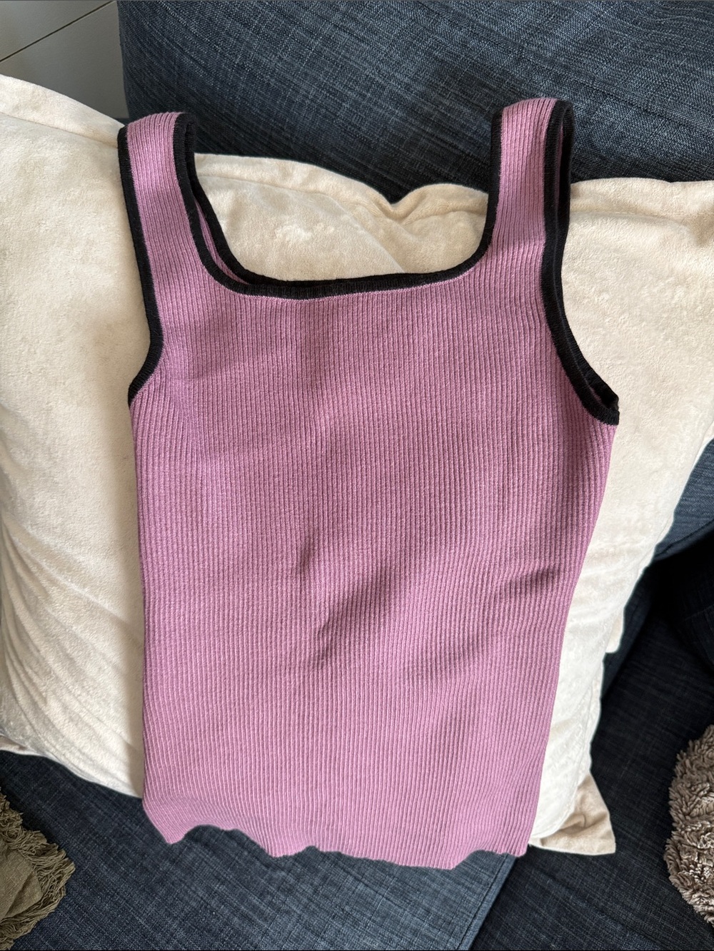 Ribbed Square Neck Tank Top - Pink with Black Trim